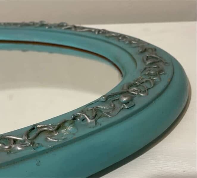 Vintage Rustic Teal Wooden Mirror Oval 51.5cm Raised Moulding Distressed Look