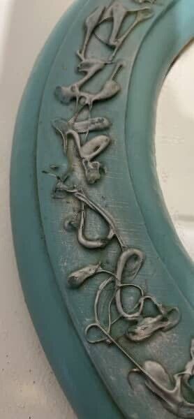 Vintage Rustic Teal Wooden Mirror Oval 51.5cm Raised Moulding Distressed Look