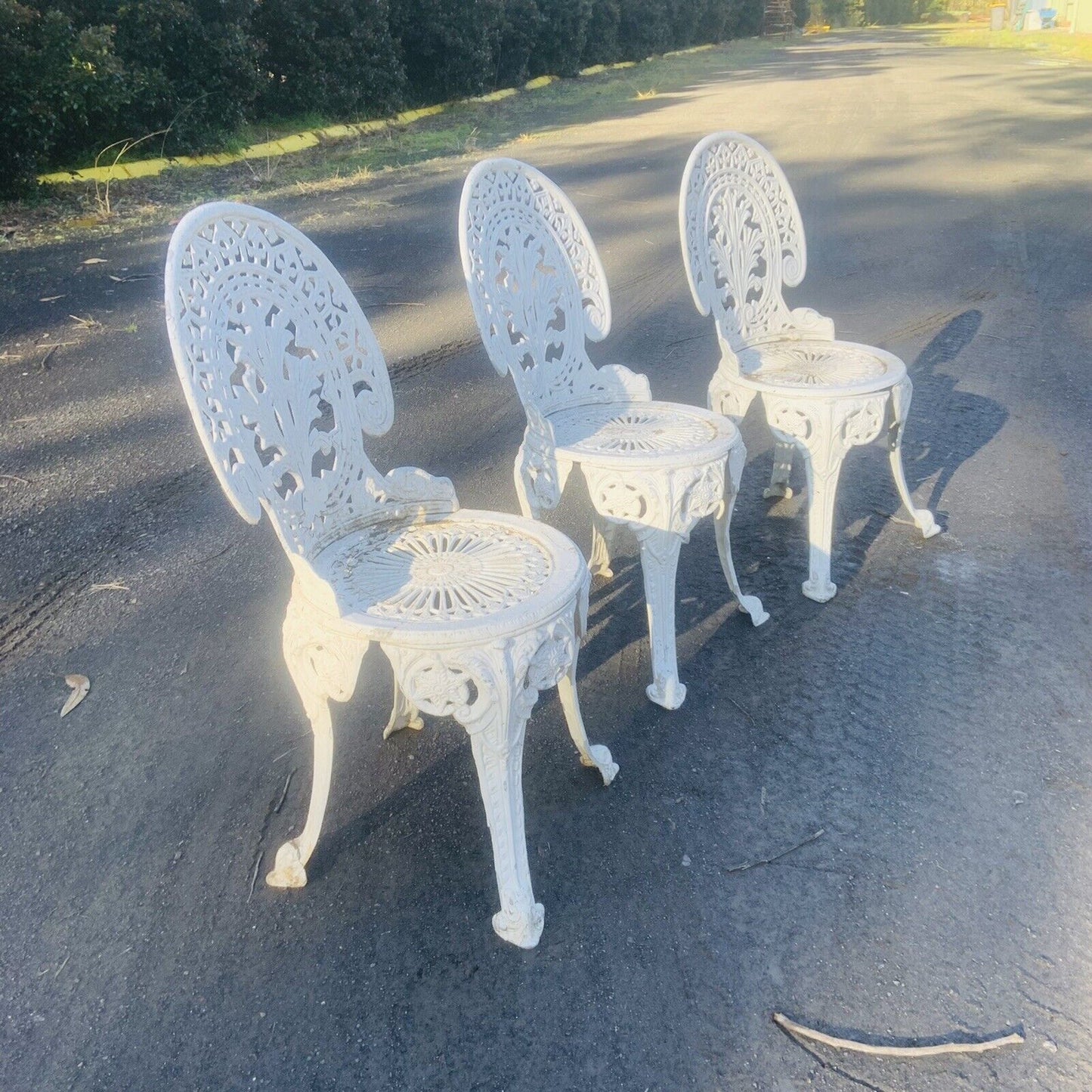 3x Rustic Dining Patio Chairs Cast Aluminium Federation White Painted Garden