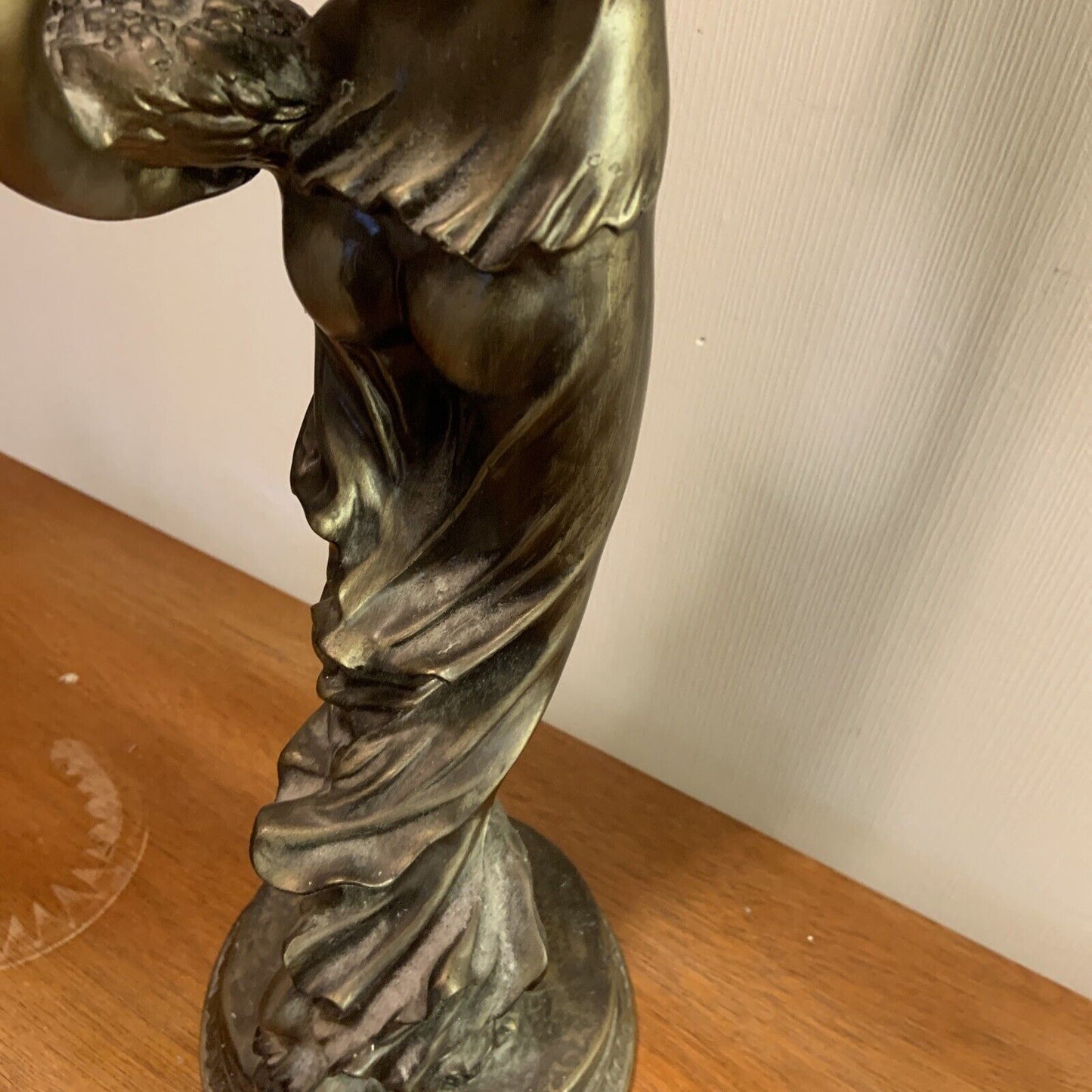 Mid Century GREEK GODDESS Statue Lady Basket Flowers Resin Bronze Look Felt Base