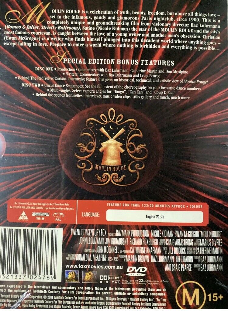 2 Disc DVD MOULIN ROUGE R4 Baz Luhrmann Nicole Kidman Jukebox Musical