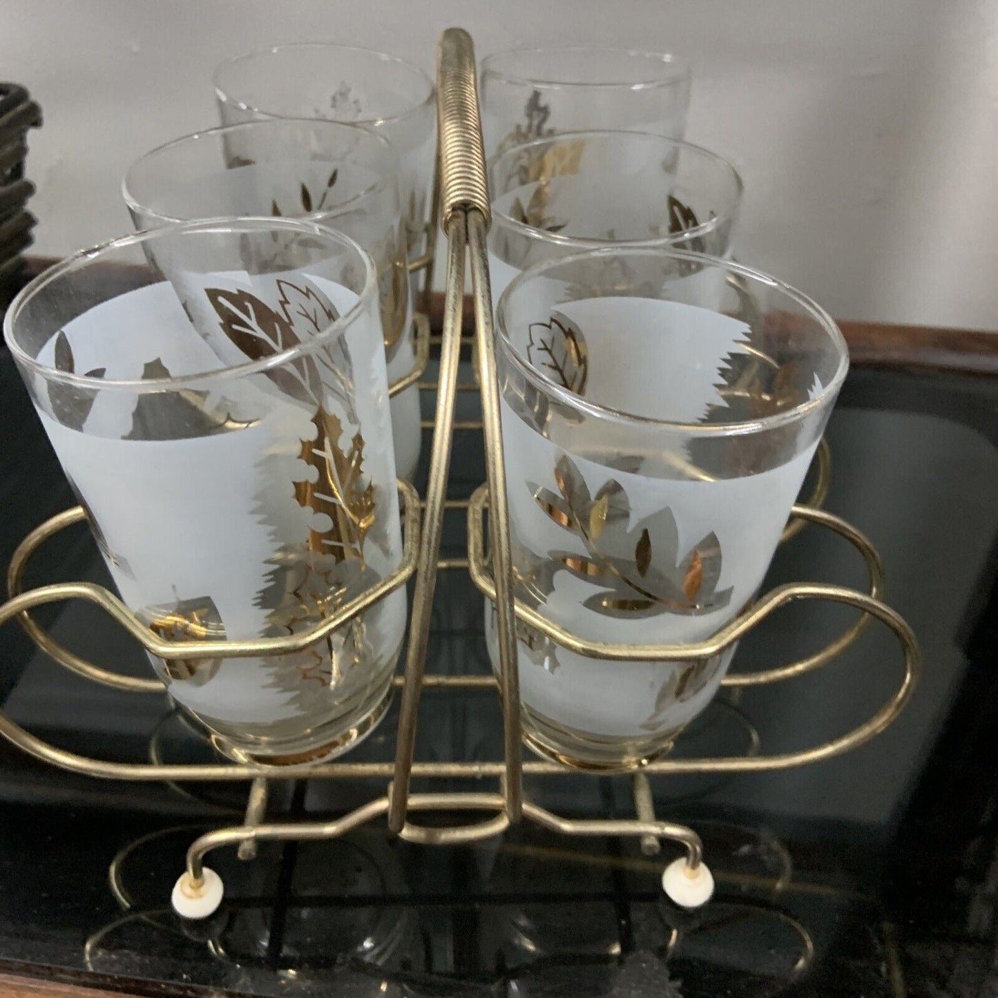 Vintage 1960s SET OF 6 Gilded Water Glasses Gold Metal Holder Rack Caddy Scandi