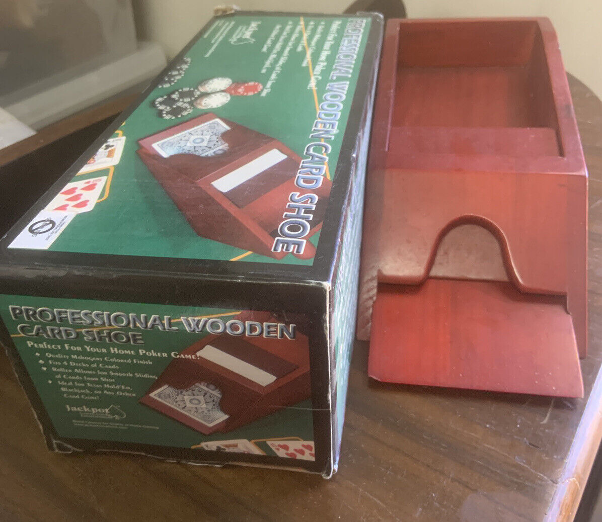 Vintage JACKPOT Playing Card Dealers Shoe MAHOGANY Wooden Weighted card feeder
