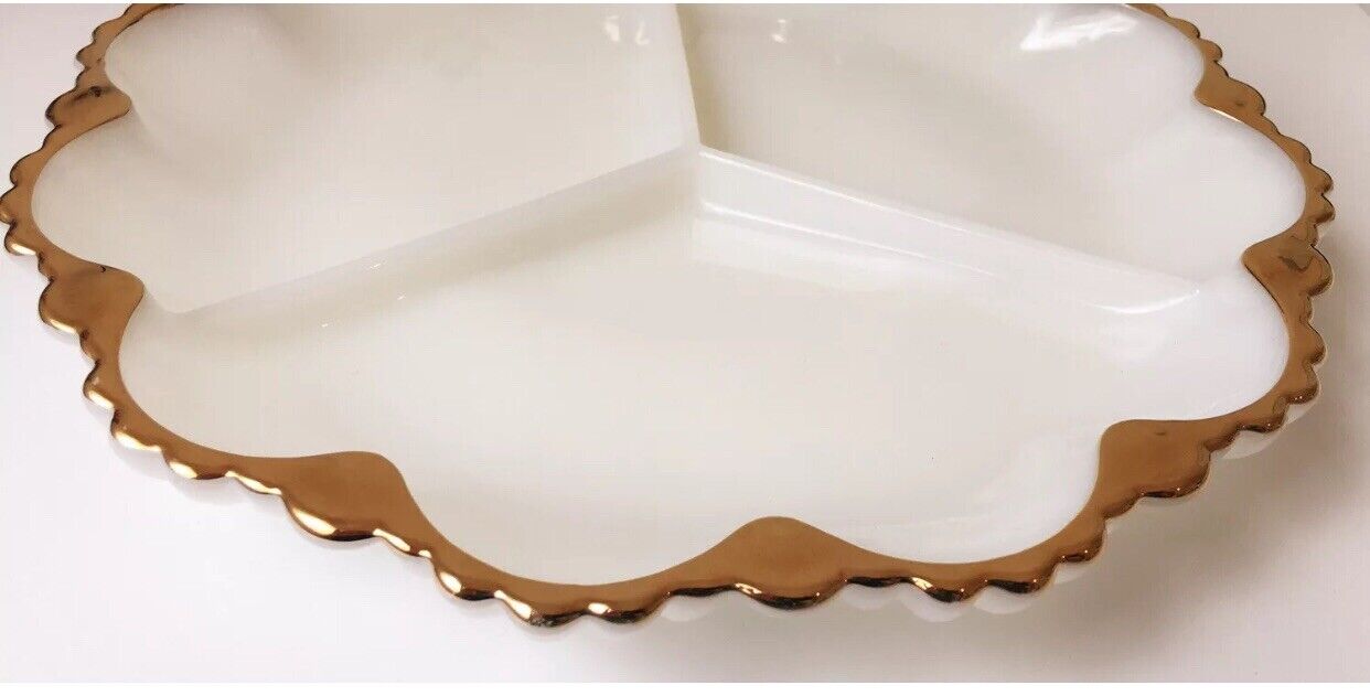1950s Anchor Hocking Fire King White Milk Glass Gold Trim 3 Section Tri Platter
