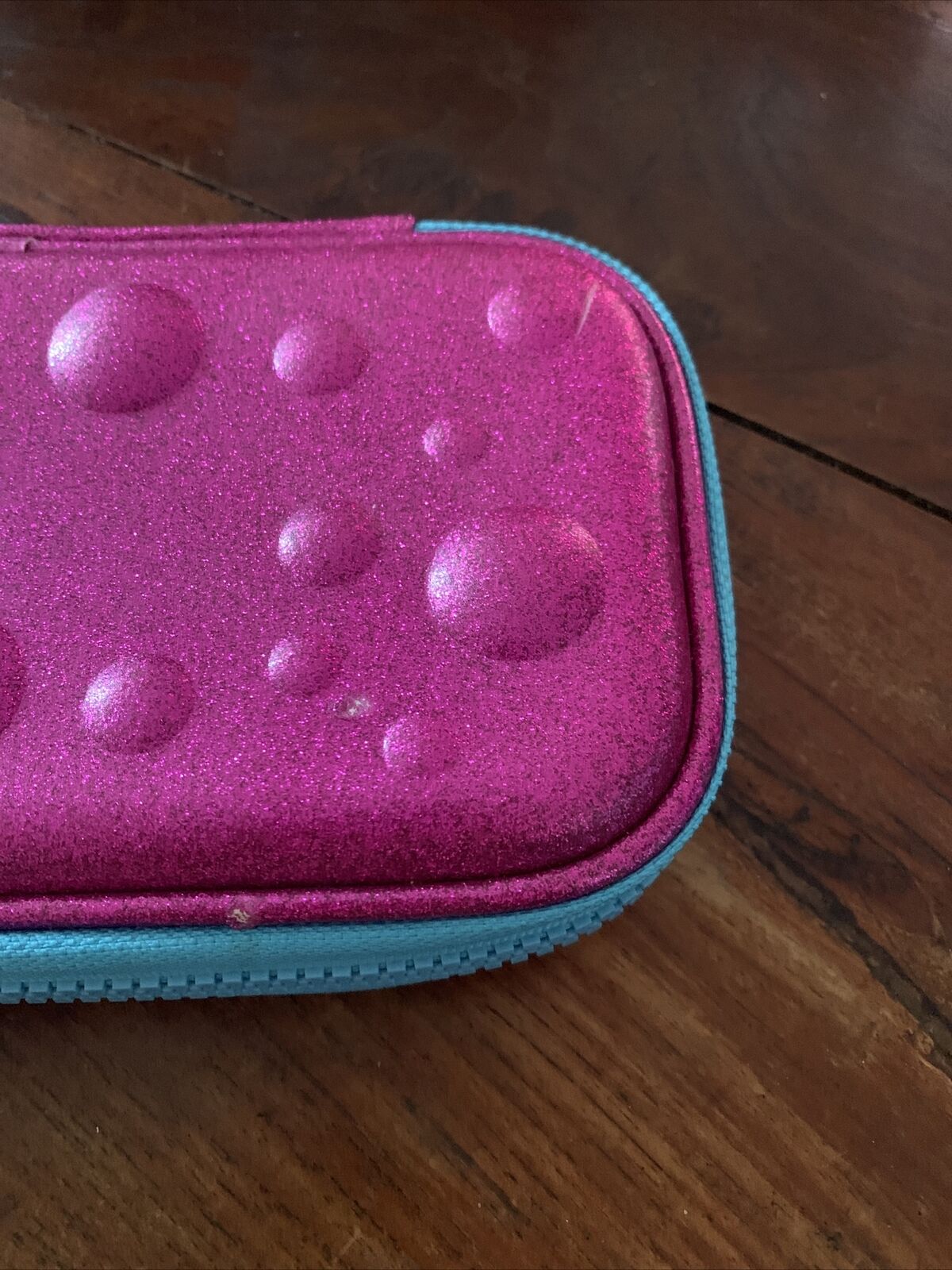 CHARMIES Pencil Case Glitter Hot Pink Bubbles 2 Zips Small Scratches on lid NEW