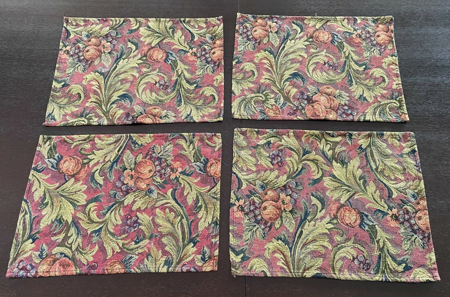 Set of 4 Burgundy & Green Tapestry Fabric Placemat Baroque Provincial Fruit NEW