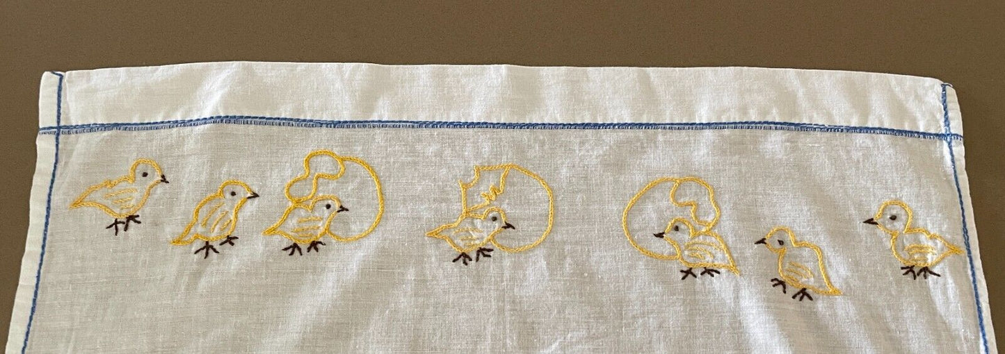 1960s Baby Bassinet Top Sheet Hand Embroidered Chickens 53.5 x 80cm Vintage