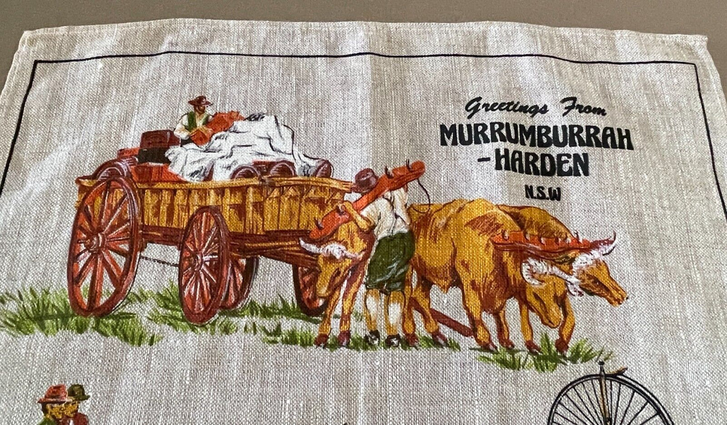 Vintage Tea Towel MURRUMBURRAH HARDEN NSW Early Australian Transport Souvenir