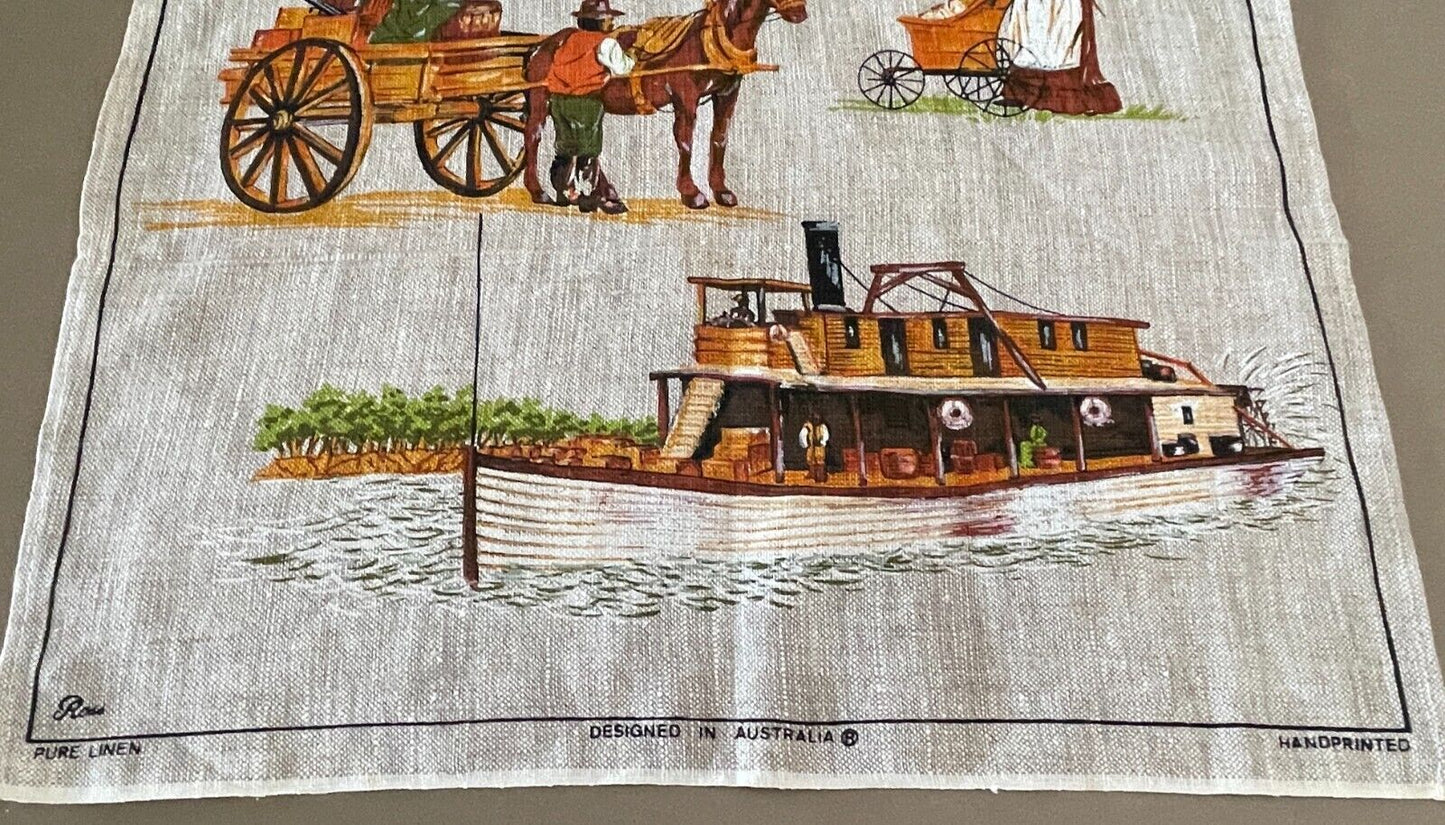 Vintage Tea Towel MURRUMBURRAH HARDEN NSW Early Australian Transport Souvenir