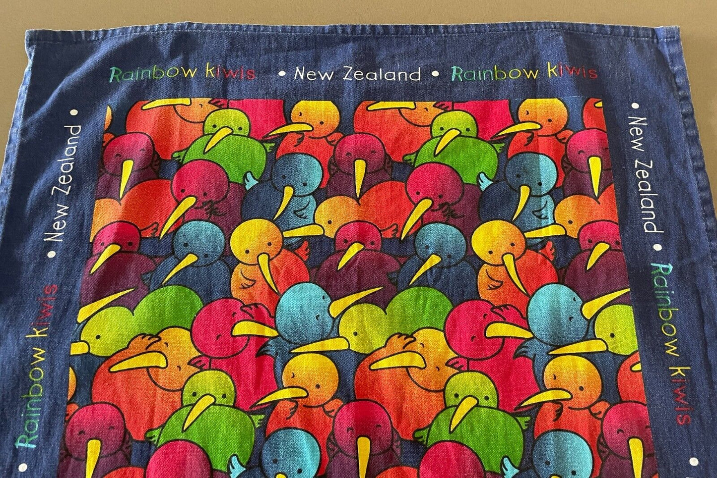 Tea Towel DEREK OF NEW ZEALAND Rainbow Kiwi Multicolour Souvenir Cotton