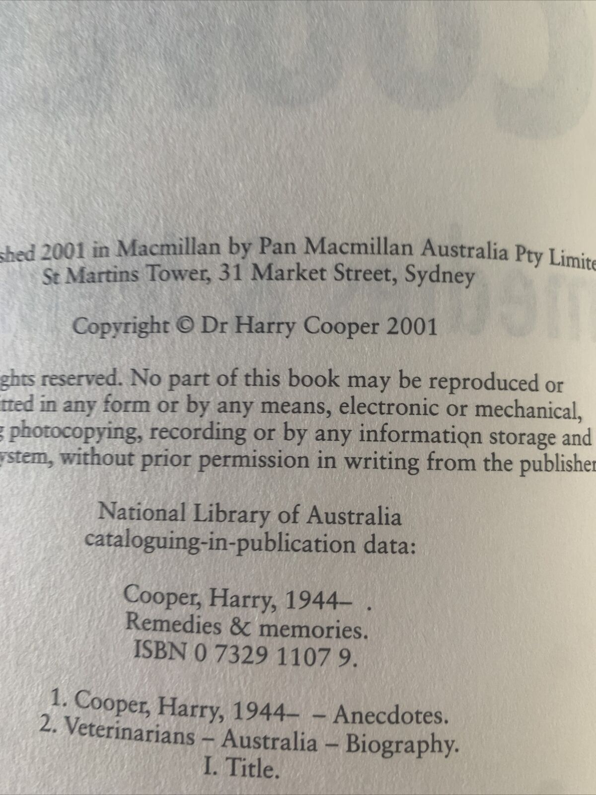 PB Book Dr HARRY COOPER Remedies & Memories Australian Vet TV Animal Stories