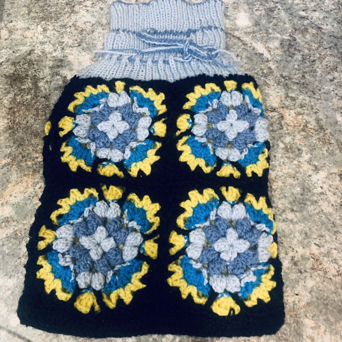 Hot Water Bottle Cover Granny Square Crochet Double Hand Knit Lined New Conditio