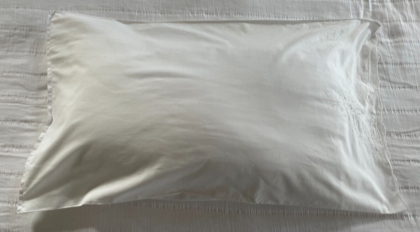 1x Vintage White COTTON Pillowcase Hand Embroidered Detailing 84 x 48.5cm