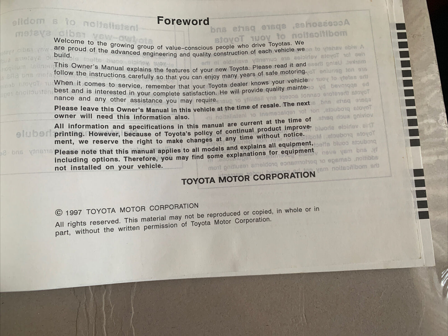 TOYOTA STARLET Owners Manual 1997 Publication No OM10509E Part 01999-10509 PB