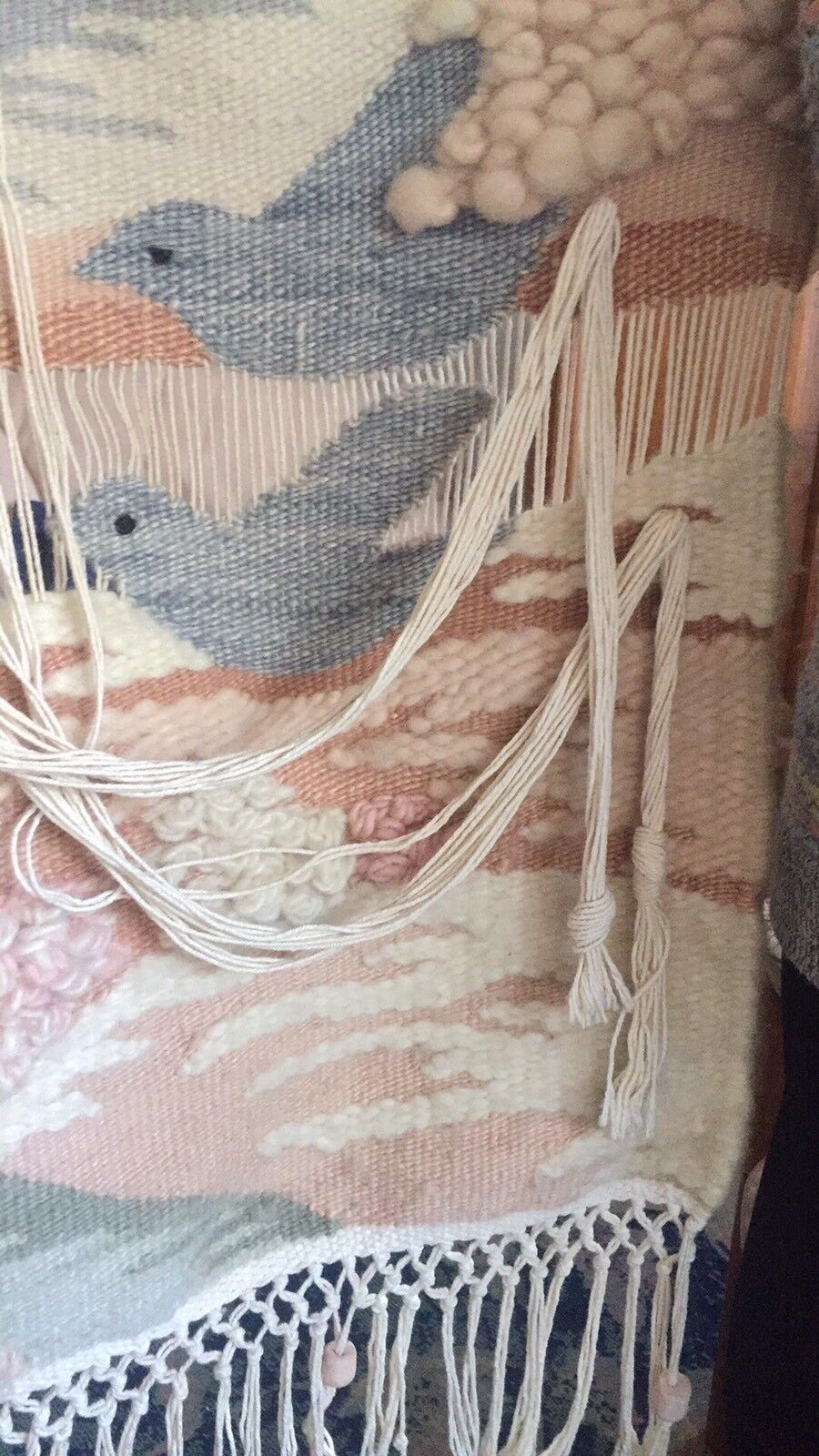 Tapestry Wall Hanging "Huts In Hills" South African Woven Mohair Macrame 1980's