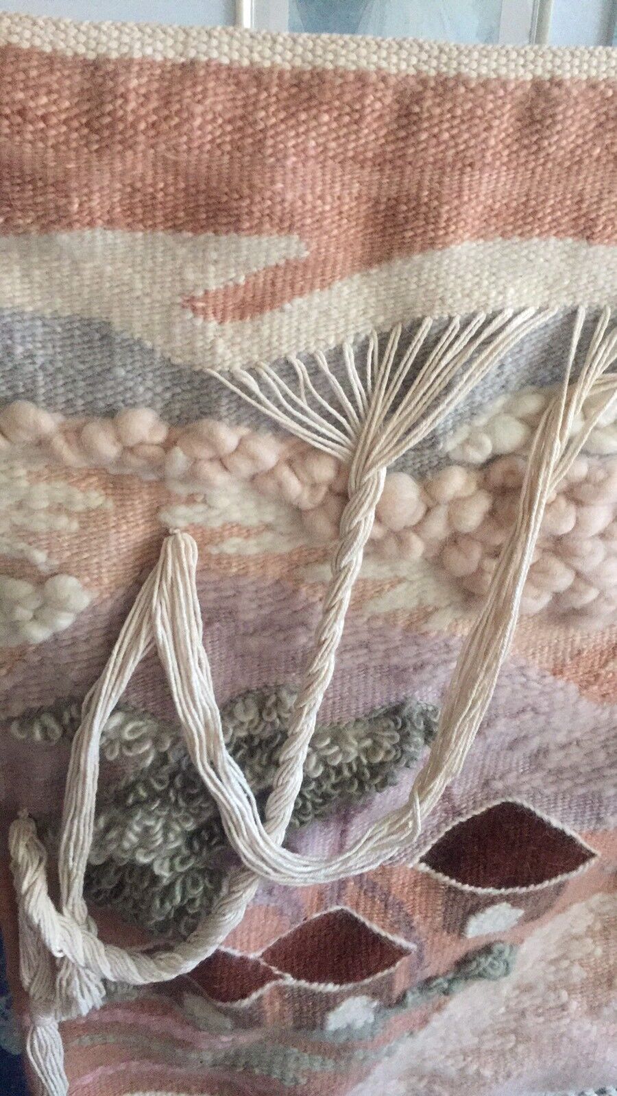 Tapestry Wall Hanging "Huts In Hills" South African Woven Mohair Macrame 1980's