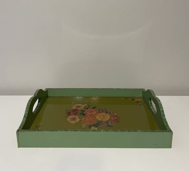 Vintage Bed Tray 40cm Green Hand Painted Condiment Server Flower Decal AE296