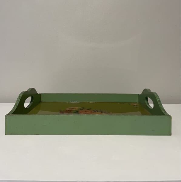 Vintage Bed Tray 40cm Green Hand Painted Condiment Server Flower Decal AE296