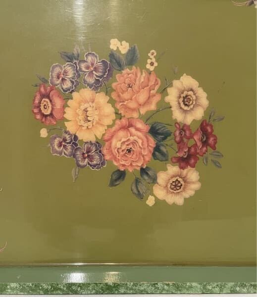 Vintage Bed Tray 40cm Green Hand Painted Condiment Server Flower Decal AE296