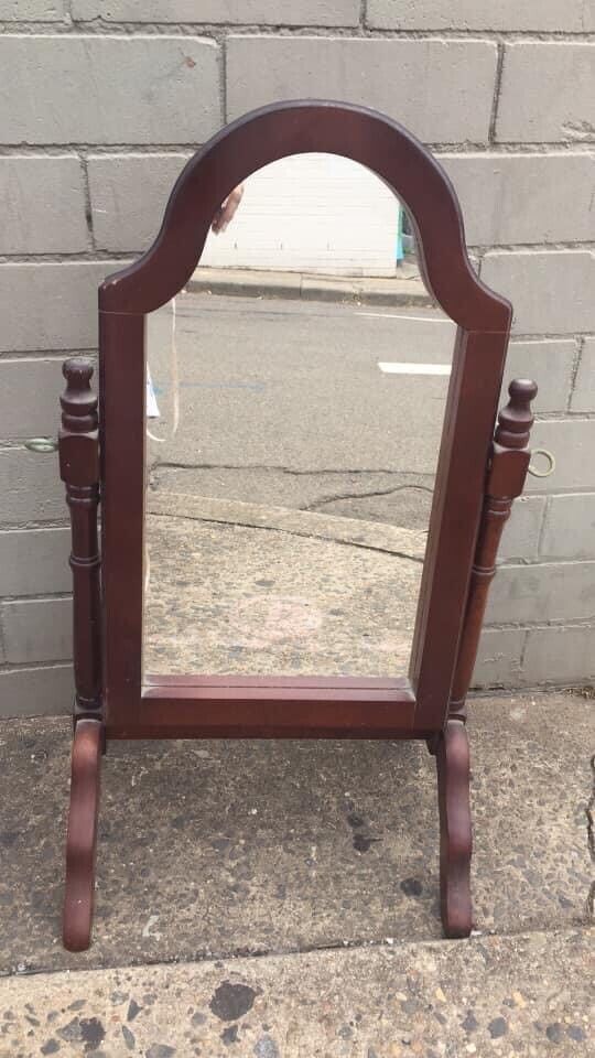 1970's 67.5cm WOODEN TABLE TOP VANITY MIRROR Swivel Cheval Makeup Decor
