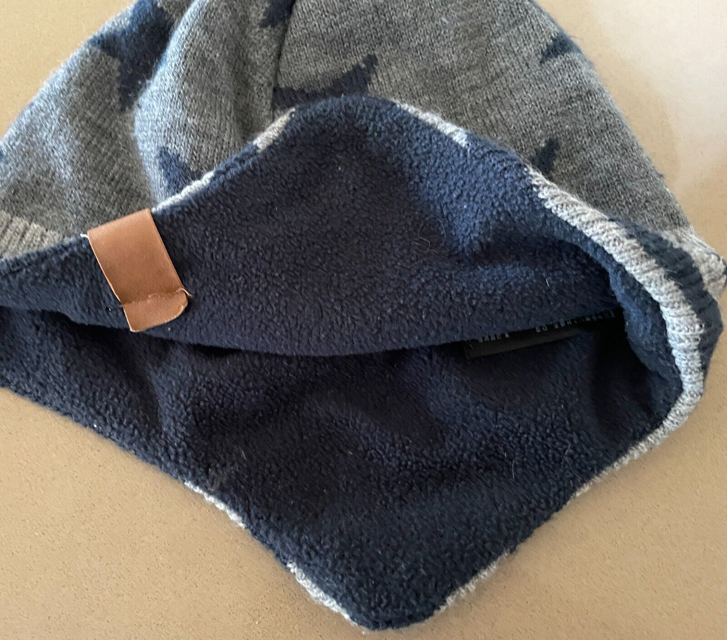 H&M Knit Beanie Boys Navy Grey Stars & Stripe Trapper Style Hat Size 5 8 yr