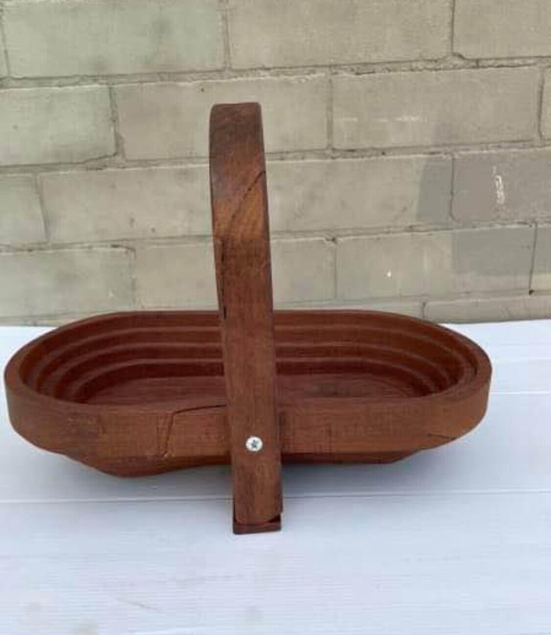 Vintage Stained Wood Folding Collapsable Basket Fruit Bowl To Trivet W Handle
