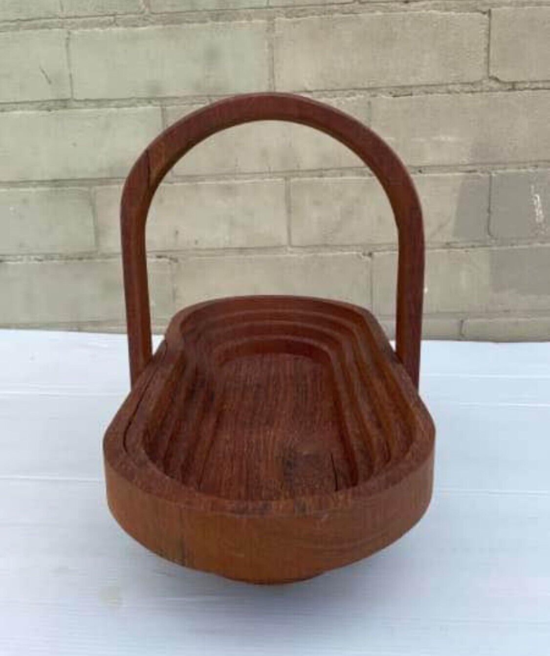 Vintage Stained Wood Folding Collapsable Basket Fruit Bowl To Trivet W Handle