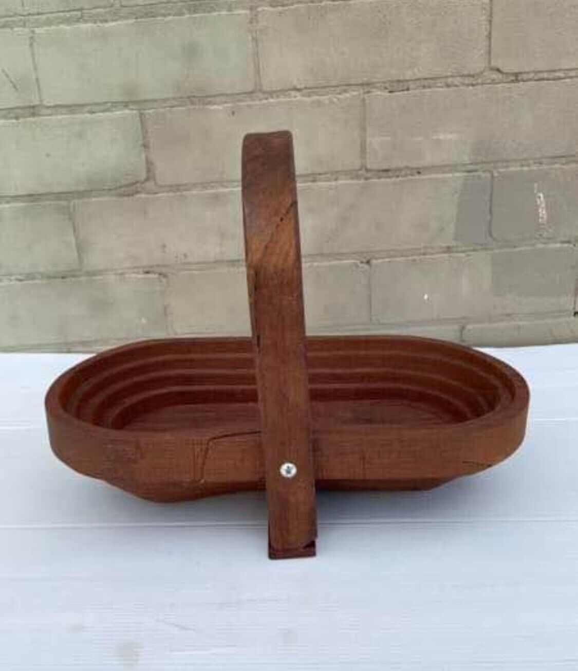 Vintage Stained Wood Folding Collapsable Basket Fruit Bowl To Trivet W Handle