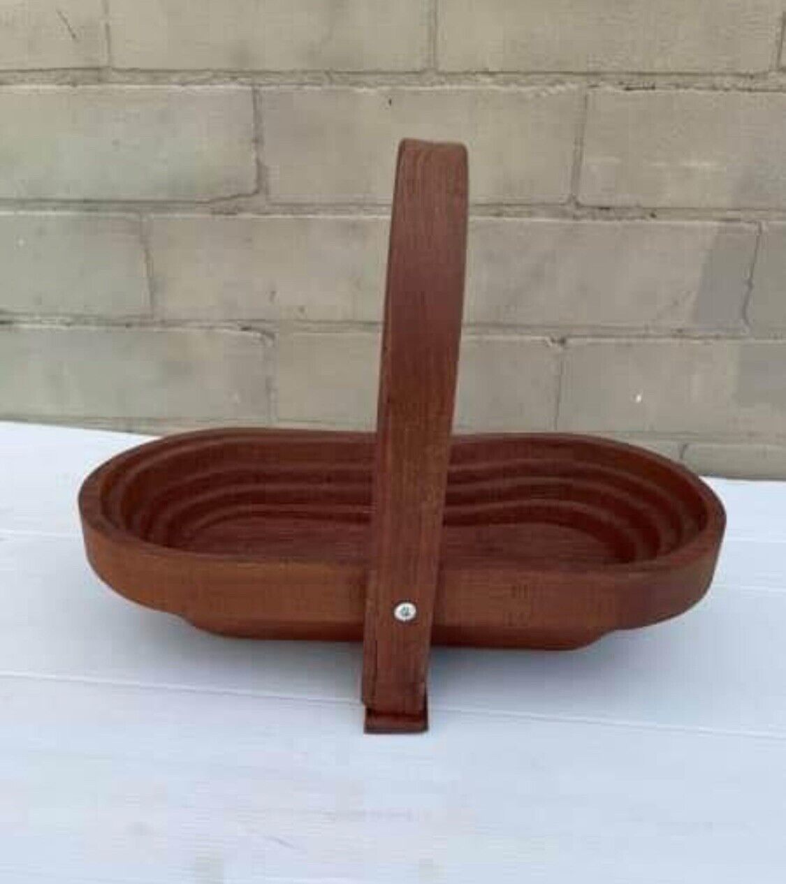 Vintage Stained Wood Folding Collapsable Basket Fruit Bowl To Trivet W Handle