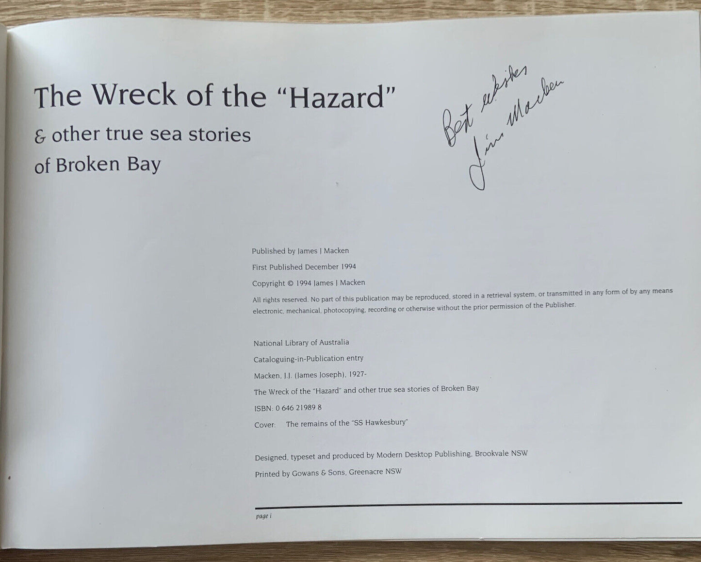 The Wreck of Hazard & Other True Sea Stories of Broken Bay Signed by Jim Macken