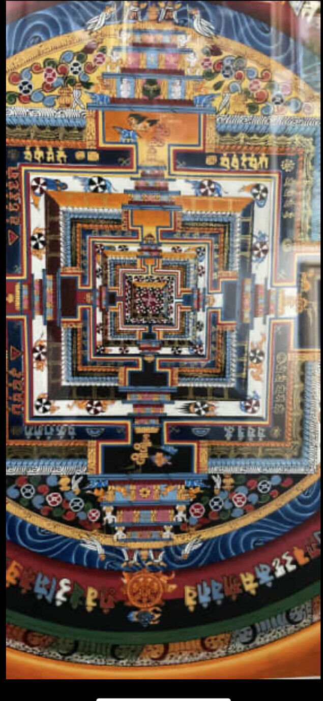KALACHAKRA WHEEL OF LIFE Tibet Om Mandala Original Hand Painted 48cm Glass Frame