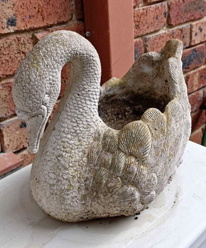 SWAN Planter Pot Rustic Vintage 30cm CONCRETE GARDEN Statue