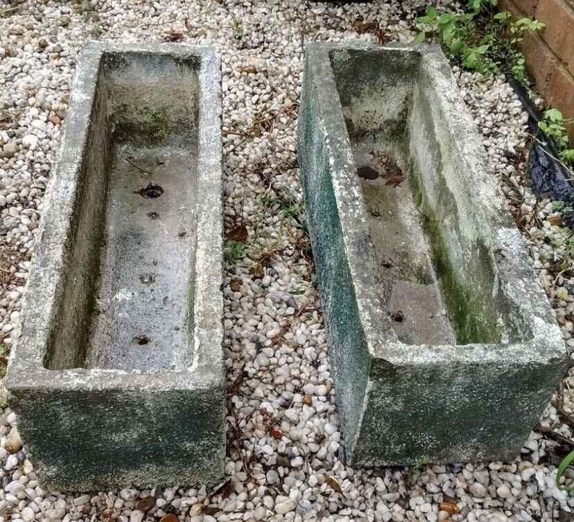 Pair Vintage Planter Pot CONCRETE TROUGH 28x 35cm Rectangular White Green Patina