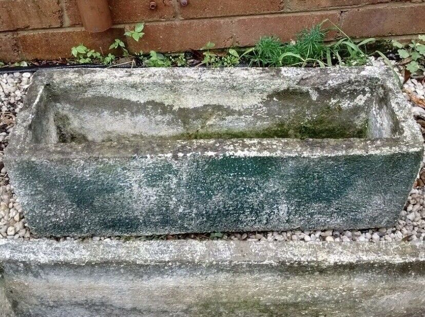 Pair Vintage Planter Pot CONCRETE TROUGH 28x 35cm Rectangular White Green Patina
