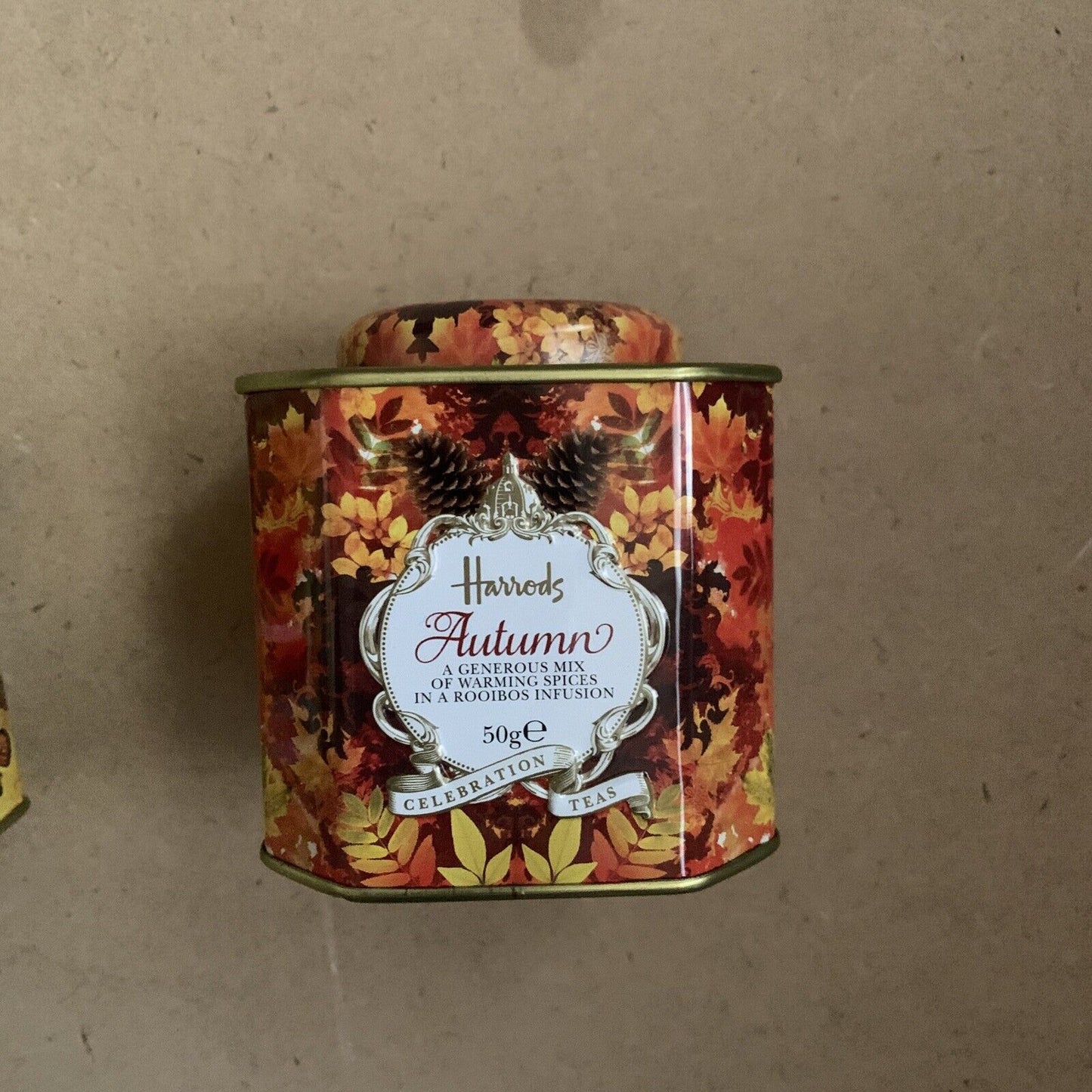 Metal Tin HARRODS Tea Caddy Set X 3 EMPTYCollectable Winter Autumn Summer NEW