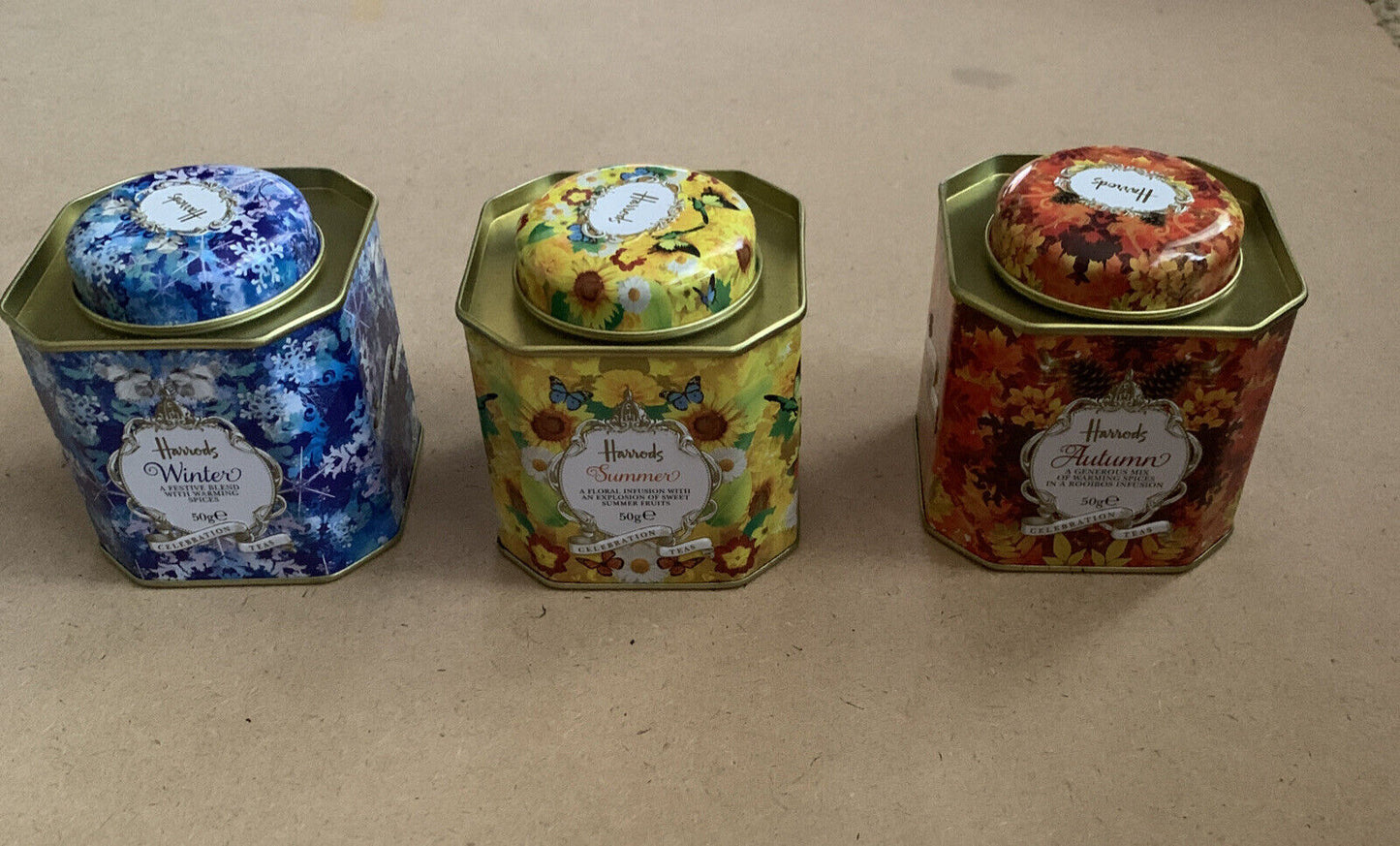 Metal Tin HARRODS Tea Caddy Set X 3 EMPTYCollectable Winter Autumn Summer NEW