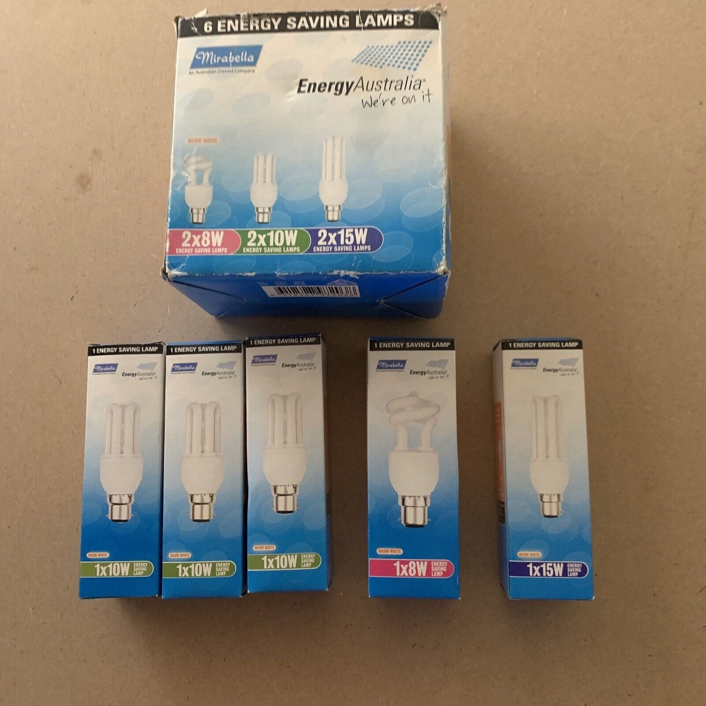 Mirabella 5 Energy Saving Lamps 1x8W 3x10W 1x15W B22 2700K Warm White 240V Bulb