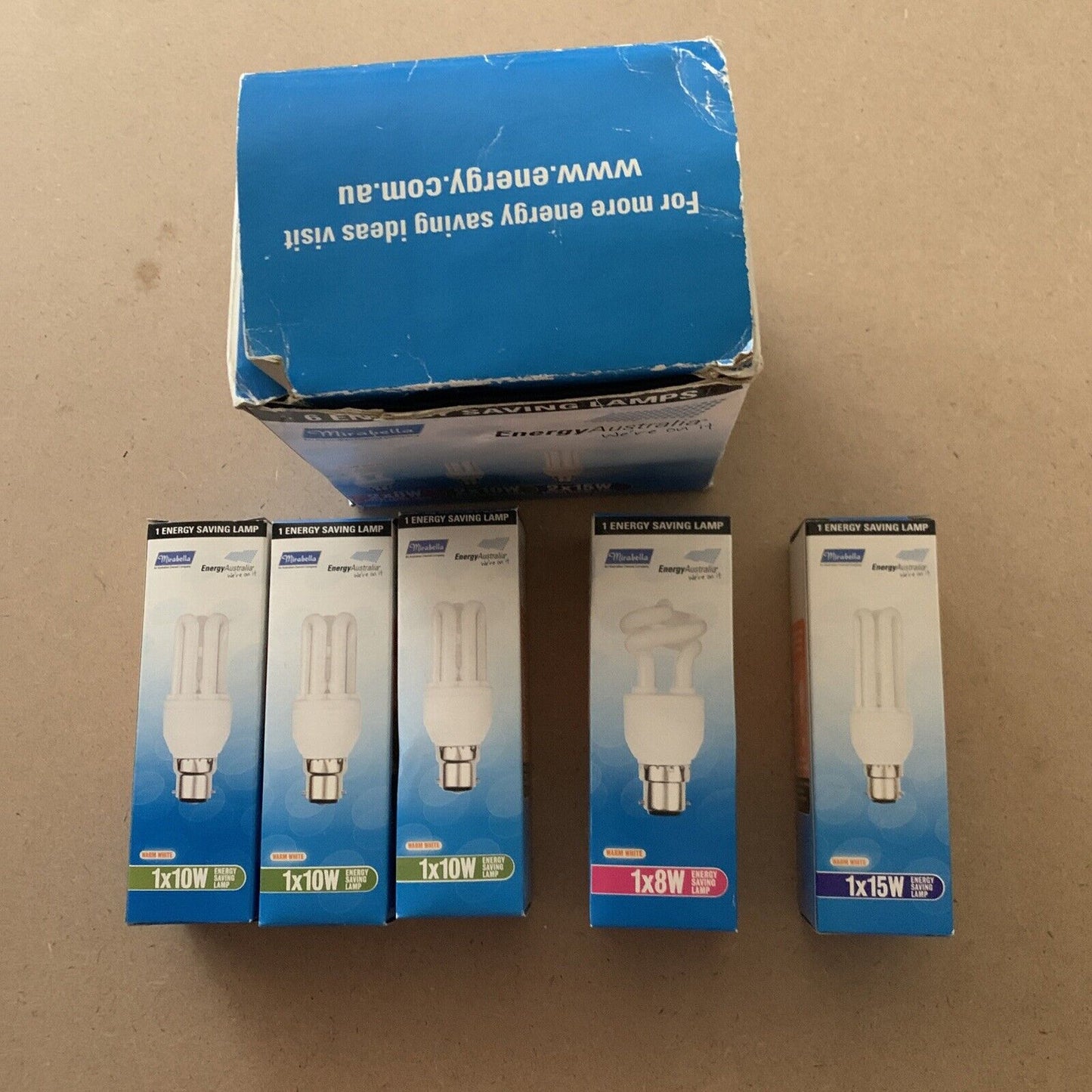 Mirabella 5 Energy Saving Lamps 1x8W 3x10W 1x15W B22 2700K Warm White 240V Bulb
