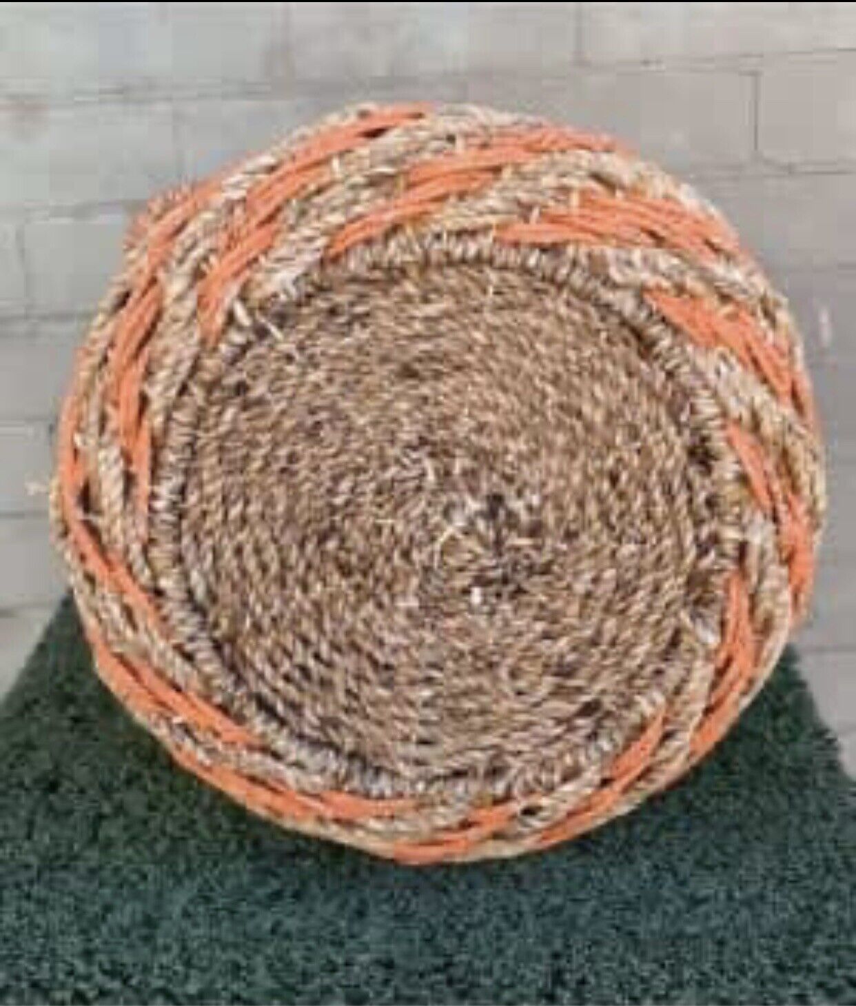 41cm HEAVY WOVEN Seagrass Plant Toy Basket Orange & Tan Stripes Handles Round