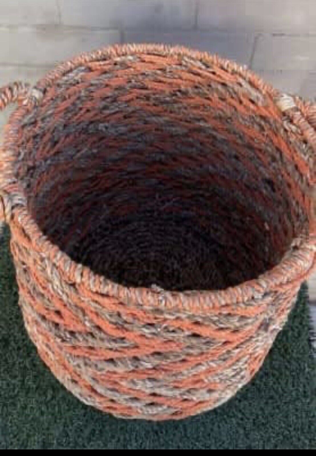 41cm HEAVY WOVEN Seagrass Plant Toy Basket Orange & Tan Stripes Handles Round