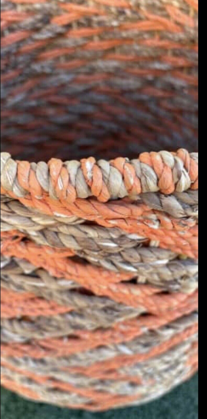 41cm HEAVY WOVEN Seagrass Plant Toy Basket Orange & Tan Stripes Handles Round
