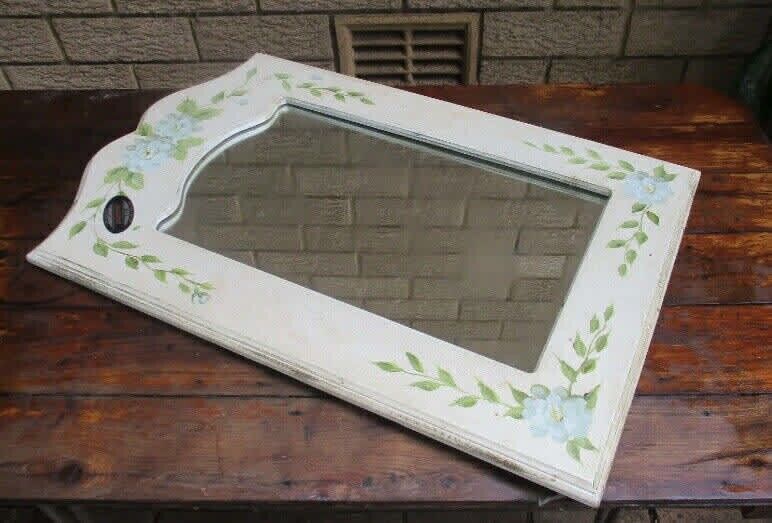 Retro 70cm Arched Wall Mirror Folk Art Tolle Painted Roses On Wood Frame