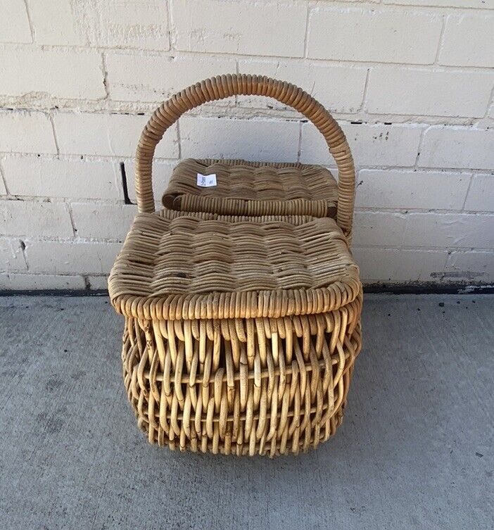 Vintage 52cm Bamboo Cane French Picnic Basket2 Hinged Lids Display Storage E130