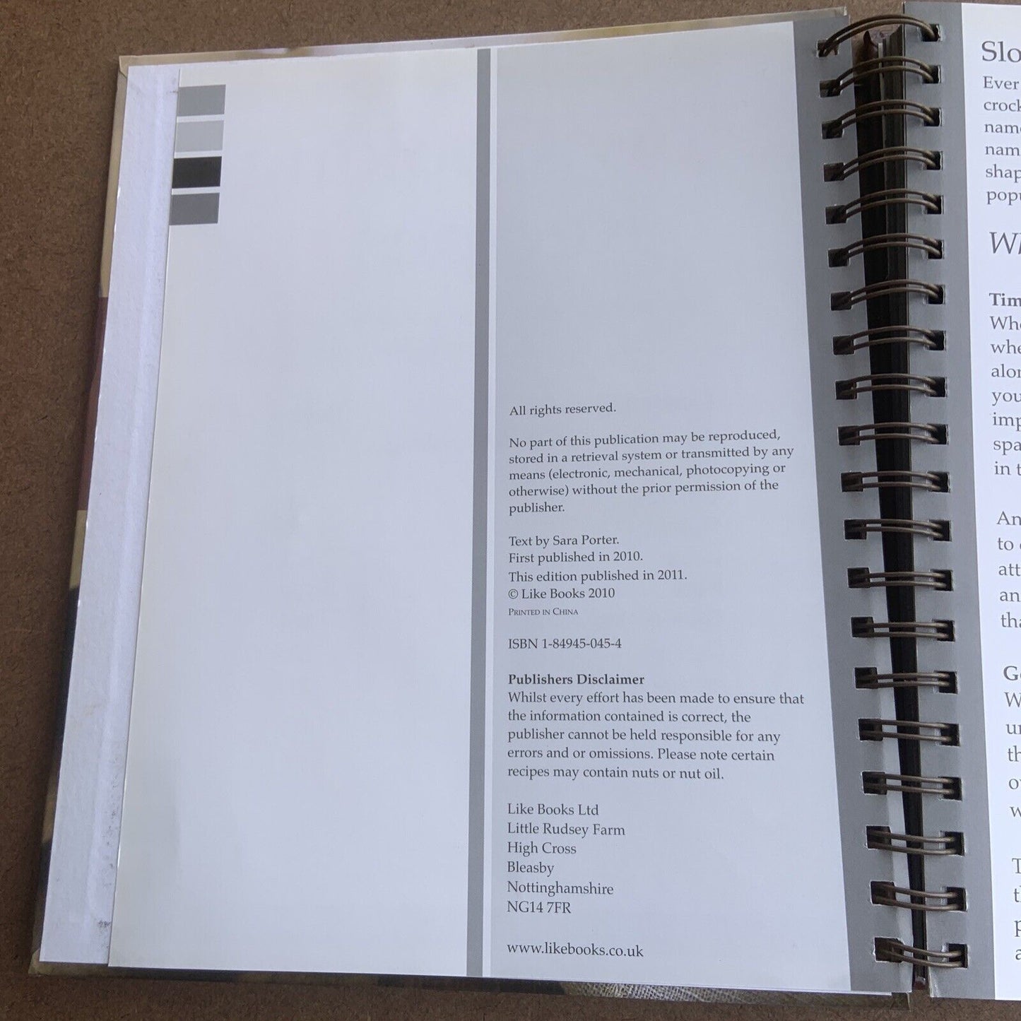 Cookbook SLOW COOKING RECIPES Sara Porter Spiral Bound Glossy Wipe Clean HC 2011