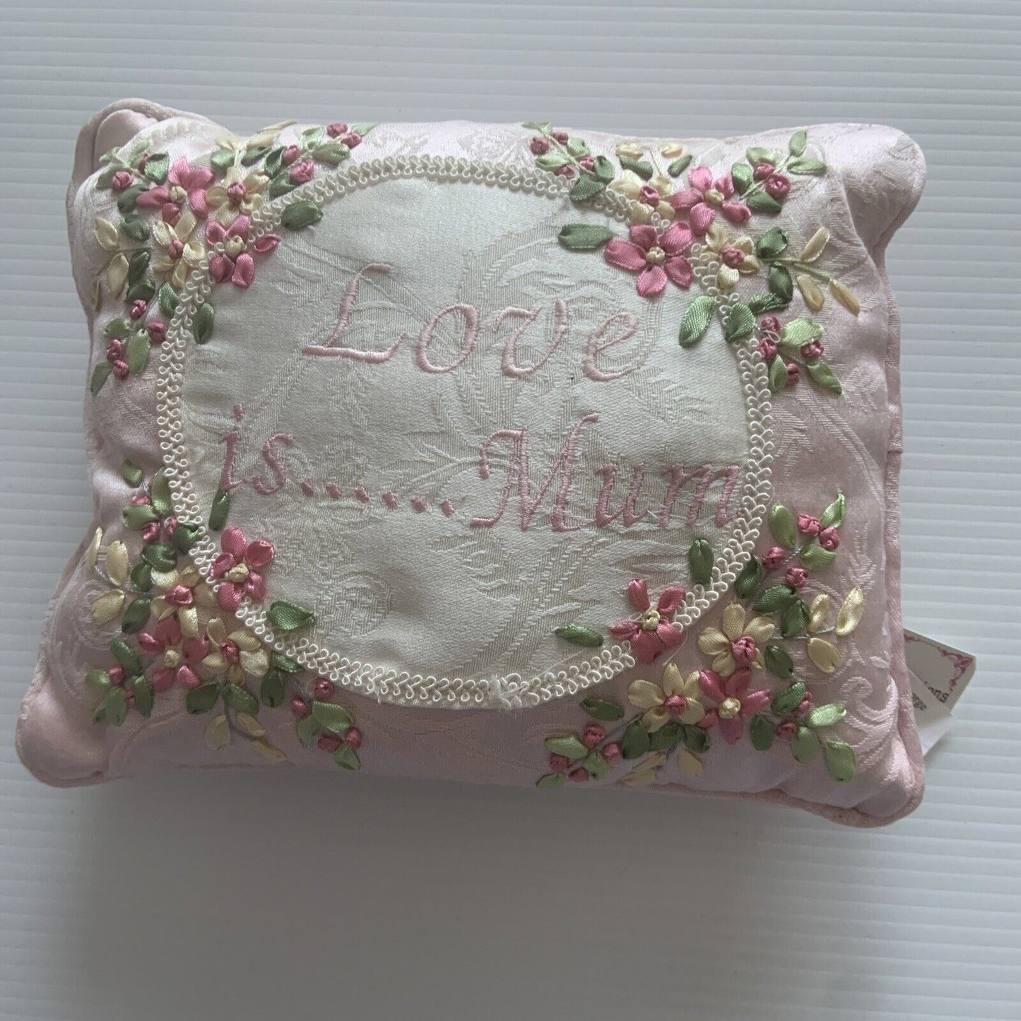 Cushion Pink " Love Is ….. Mum " Embroidered Ribbon Decorative Pillow Gift NEW