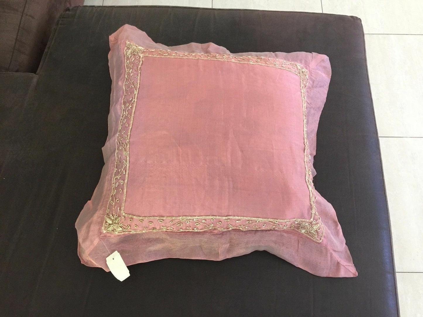 New Pink Cushion Cover w Beading Standard Size Glass Beads Luxe Gold Thread