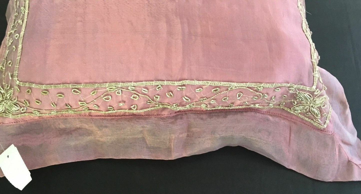 New Pink Cushion Cover w Beading Standard Size Glass Beads Luxe Gold Thread