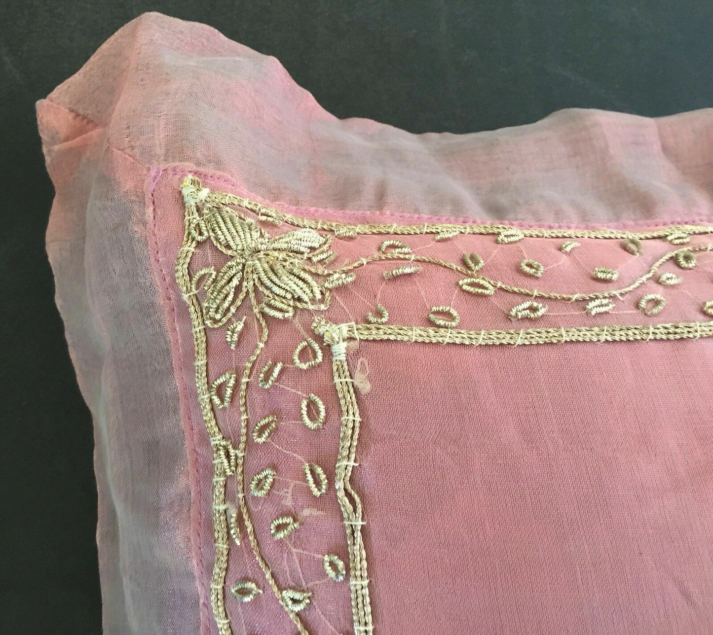New Pink Cushion Cover w Beading Standard Size Glass Beads Luxe Gold Thread