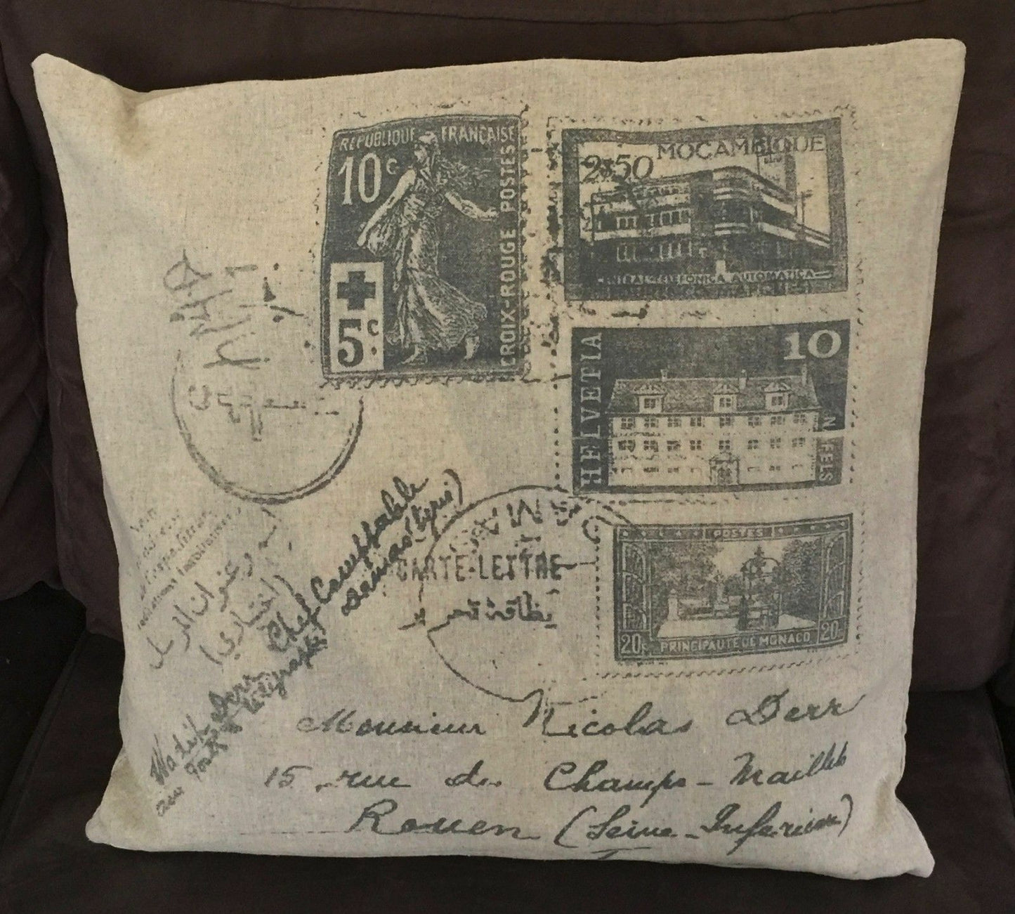 CUSHION COVERS Beige & Light Grey Postage Stamp Print Set of 2 - 48cm x 48cm NEW