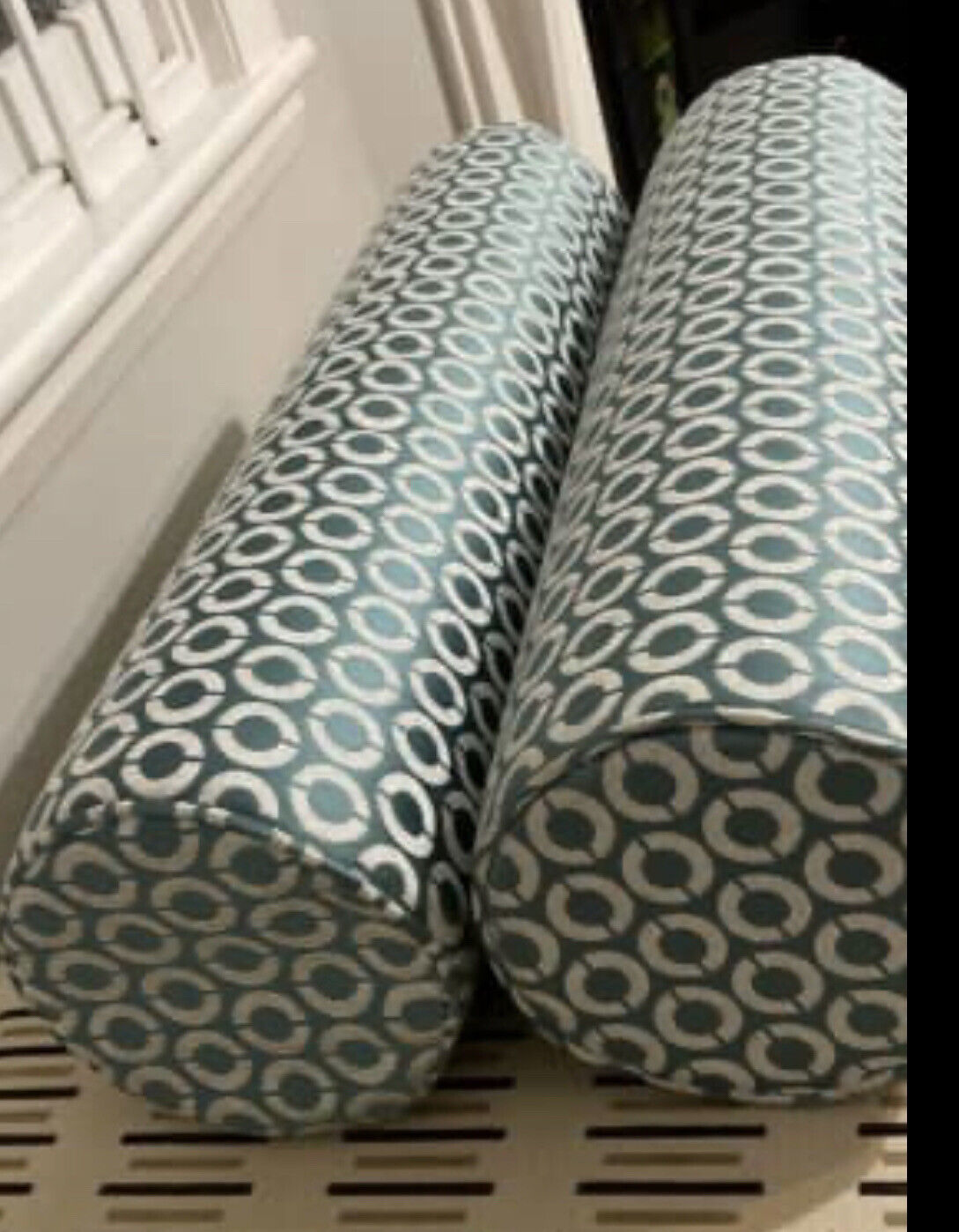 Pair 182x21cm BOLSTERS Metallic Green Fabric with White Circle Design Firm Foam